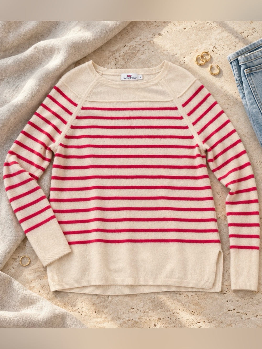 Vineyard Vines Wool Cashmere Striped Sweater Ivory Raspberry Pink Size Small - Picture 3 of 10